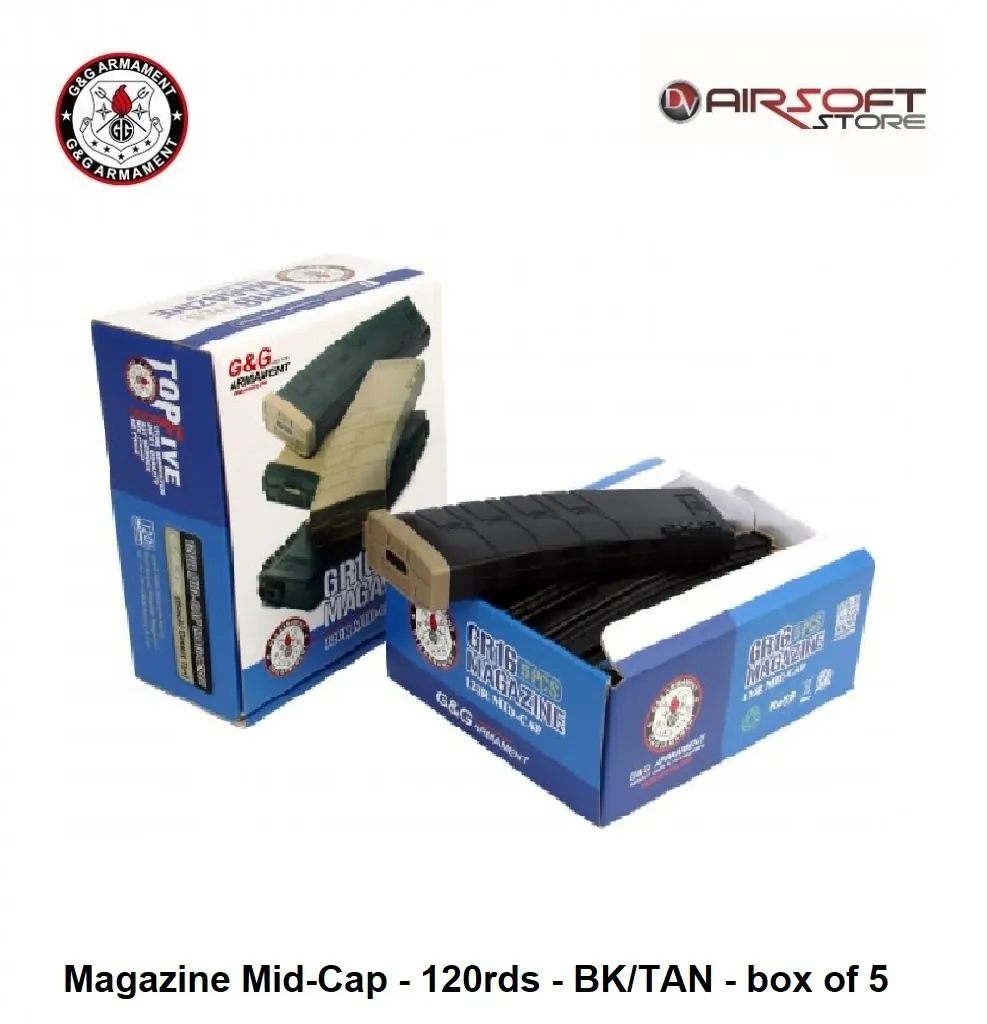 [2100000007899] G&G Magazine Mid-Cap - 120rds - BK/TAN - box of 5