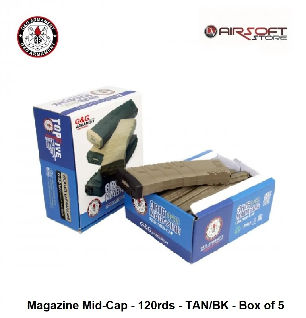 [2100000007905] G&G Magazine Mid-Cap - 120rds - TAN/BK - Box of 5