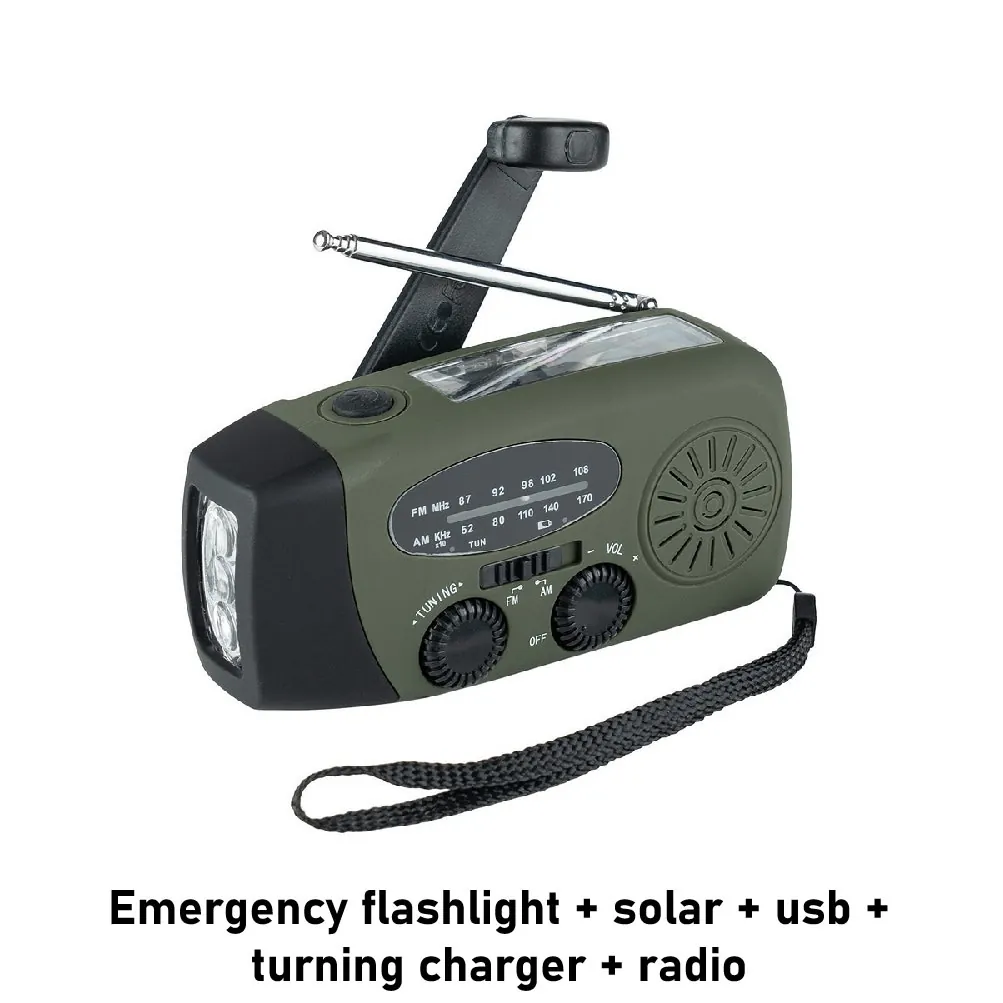 Emergency flashlight + solar + usb + turning charger + radio